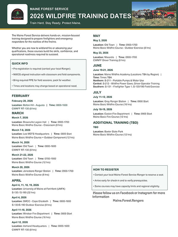 A poster of 2026 WIldfire Training dates.
