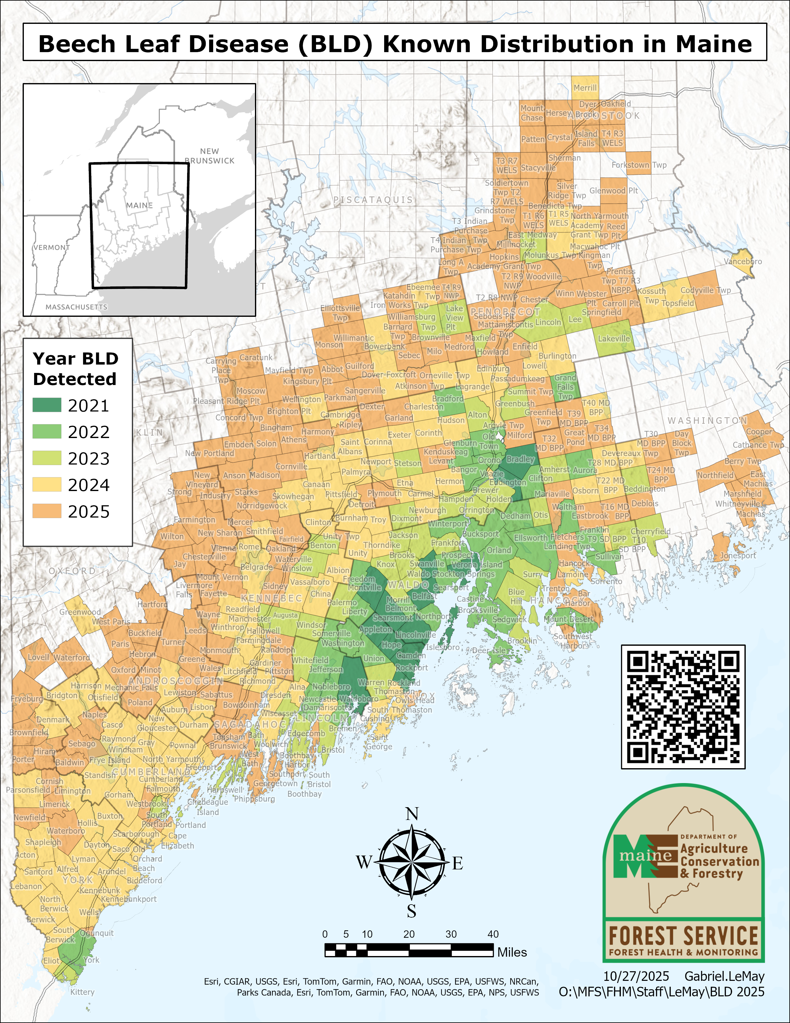 Beech Leaf Disease (BLD) Known Distribution in Maine: October 2025