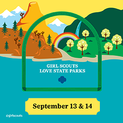 Logo for Girl Scouts Love State Parks 2021 showing a heart, the sun, river, earth, and trees