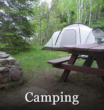 campsite with picnic table, firepit and a dome tent.