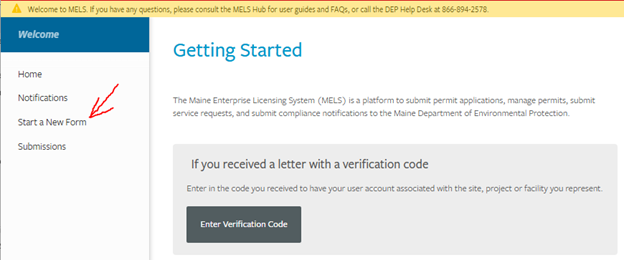 A screen shot providing a view of the software that corresponds to the instructional text.  The screen shot has an arrow pointing to the Start a New Form option which is the third option down on the left hand side of the screen.
