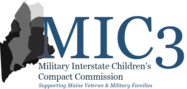 Image of outline of Maine made up of family and the text: MIC3= Military Interstate Children’s Compact Commission. Supporting Maine Veteran & Military Families...