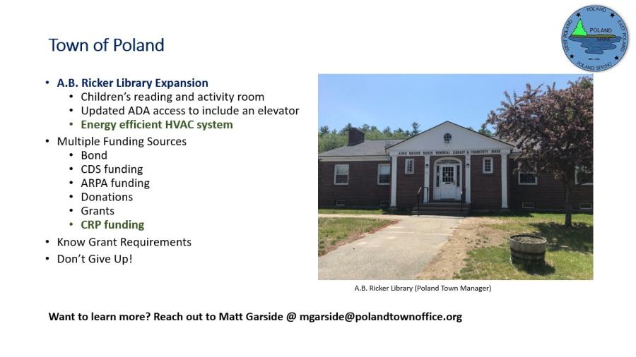A slide detailing the Town of Poland's A.B. Ricker Library Expansion​