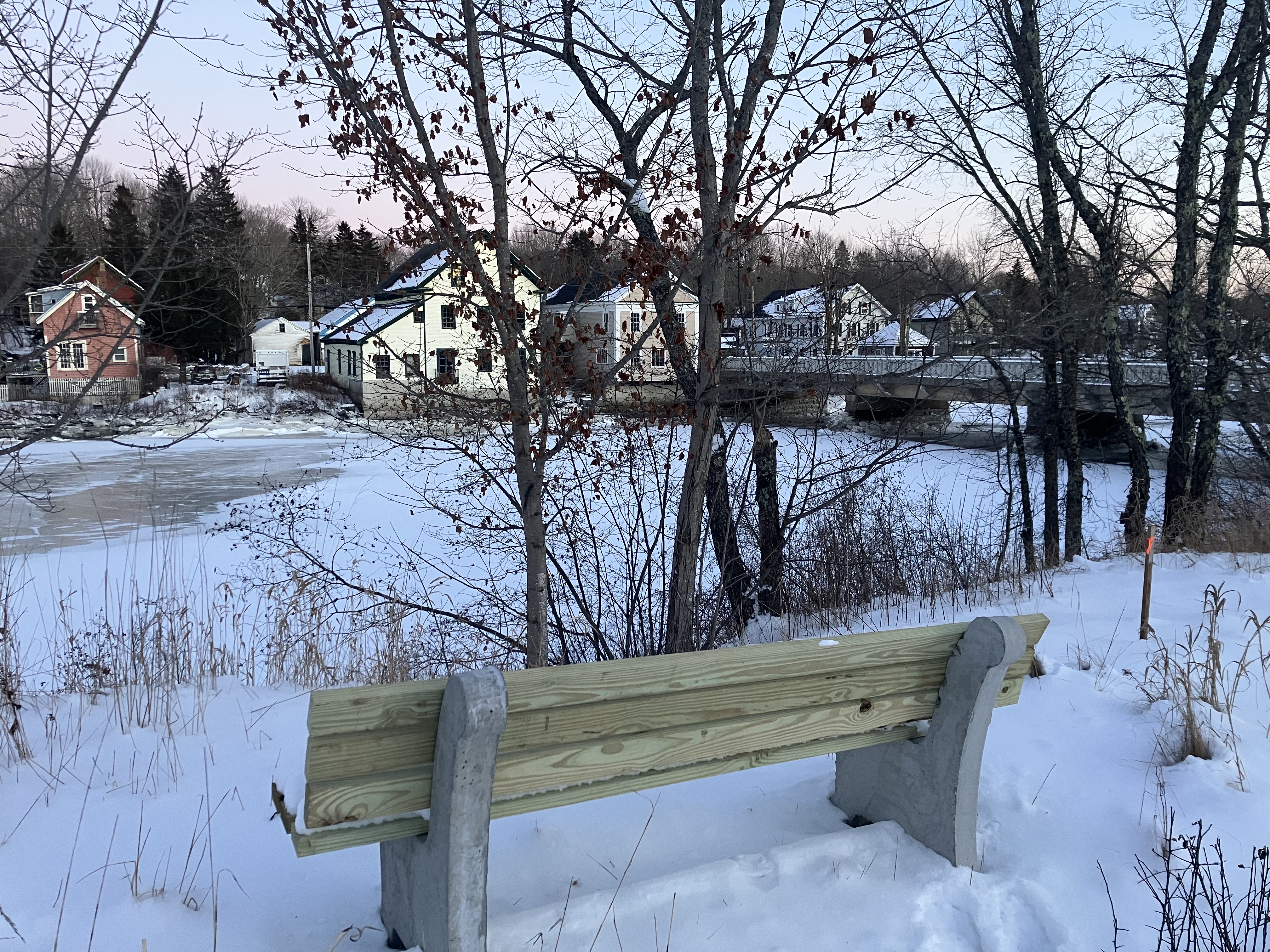 A bench on the Cherryfield Riverwalk in winter. (Photo courtesy of Crystal Hitchings)